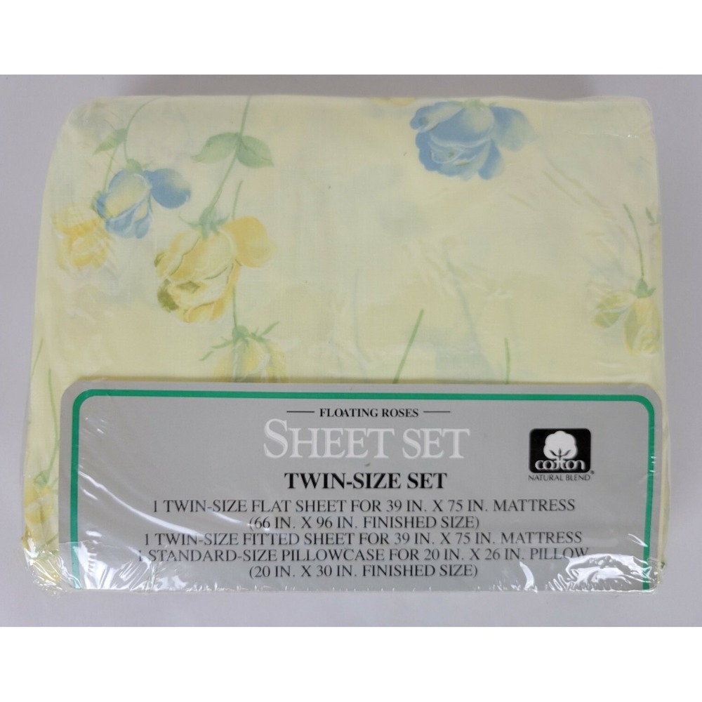 Vintage NIP Sears Twin‎ Sheet Set Yellow Floating Roses Cotton Blend